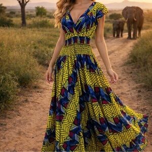 Vibrant Yellow and Blue Geometric Print Dress